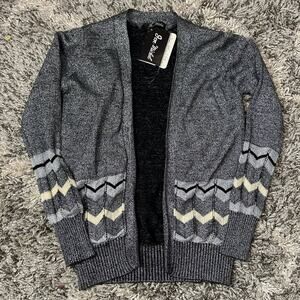 Vintage 70s Jon-Michel Sparkly Silver Black Chevron Open Cardigan Sweater 5 6 S